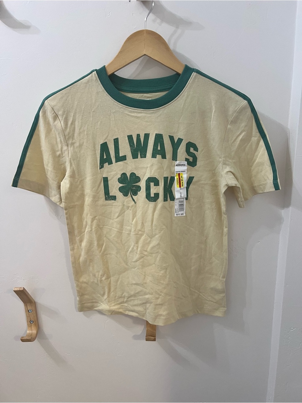 Sonoma Cream Tee with Green Trim and 'ALWAYS LUCKY' Graphic
